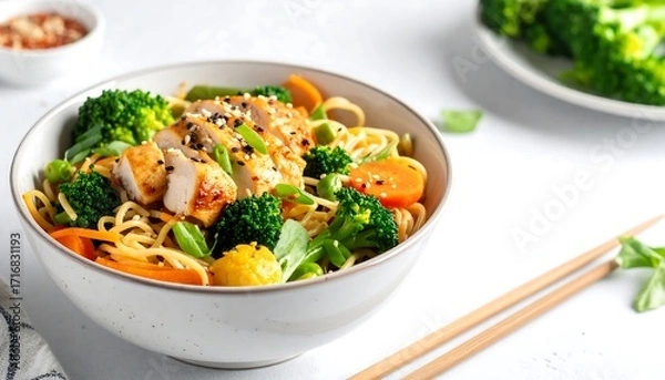 Fototapeta A bowl of savory noodles is topped with grilled chicken, broccoli, carrots, and peas.