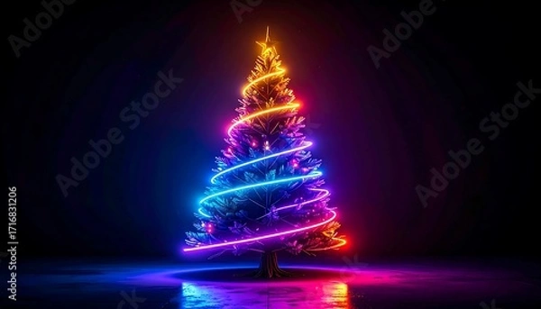 Fototapeta A vibrant, neon-lit Christmas tree stands out against a dark backdrop, showcasing a mesmerizing array of colorful lights.