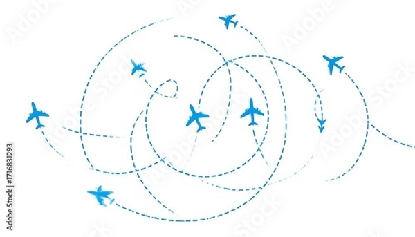 Fototapeta A dynamic display of blue aircraft traversing a network of flight paths against a white backdrop.