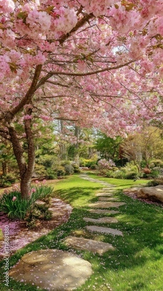 Fototapeta Japanese garden in spring with cherry blossoms, path, and green grass