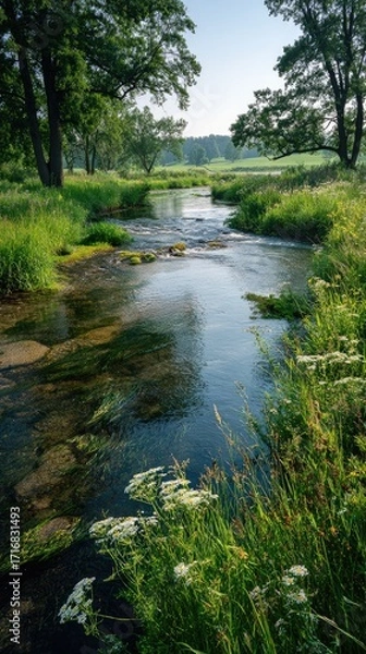 Fototapeta Serene river flows through lush green meadow, sunlight dappling the water