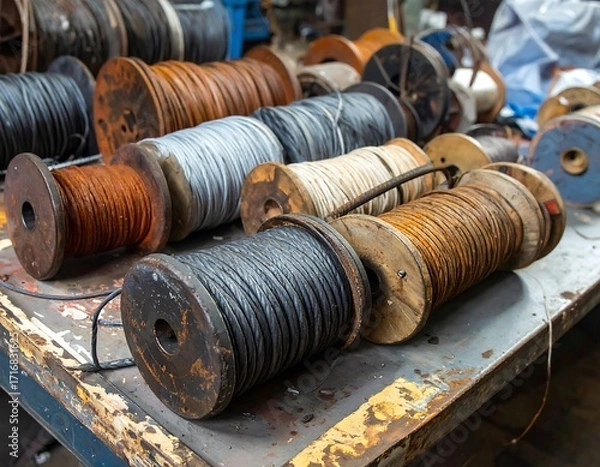 Fototapeta Assorted spools of different colored wires and cables rest on a weathered surface.