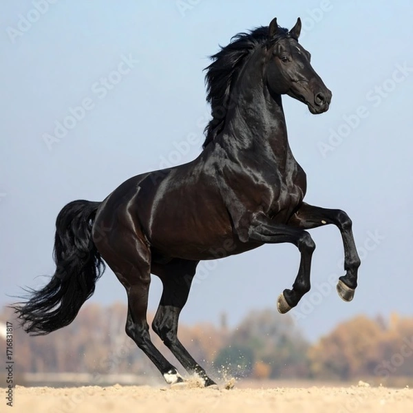 Fototapeta A powerful black horse in mid-stride, showcasing its strength and agility against a serene backdrop.