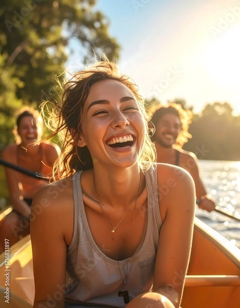 Fototapeta A group of friends laugh happily while paddling a canoe on a sunny day.