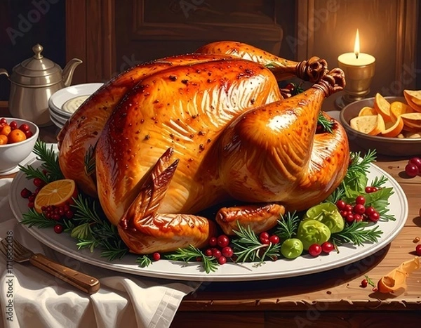 Fototapeta A golden roasted turkey sits elegantly on a platter, garnished with fresh herbs and berries, showcasing a festive and delicious feast.