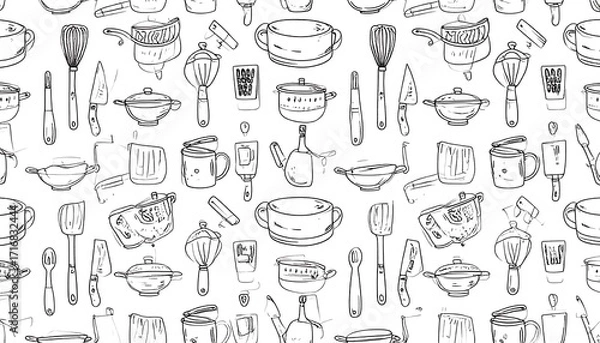 Fototapeta A seamless pattern design features a collection of various kitchen utensils, depicted in a hand-drawn style.
