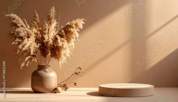Fototapeta A beige-toned still life featuring pampas grass in a ceramic vase, a simple round podium, and warm, natural light.