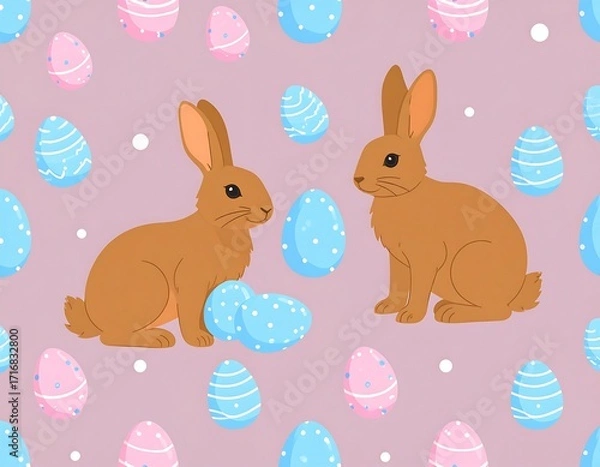 Fototapeta Two adorable brown bunnies sit amongst a cheerful pattern of pastel eggs, creating a lighthearted Easter scene.
