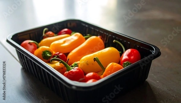 Fototapeta Colorful bell peppers are arranged in a black plastic container, showcasing vibrant shades of red, orange, and yellow.