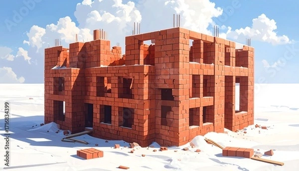 Fototapeta A vivid depiction of a partially constructed brick building on a snow-covered plain, showcasing the building's intricate structure and the surrounding landscape.