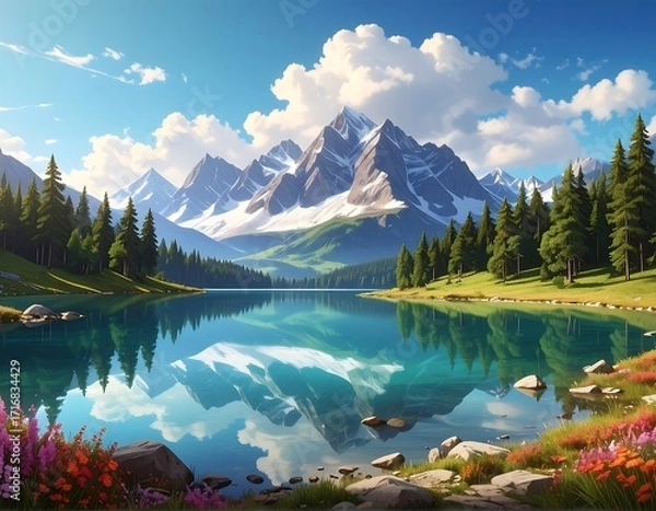 Fototapeta A serene lake nestled in a valley, surrounded by snow-capped mountains, lush forests, and vibrant wildflowers, reflecting a tranquil and peaceful atmosphere.