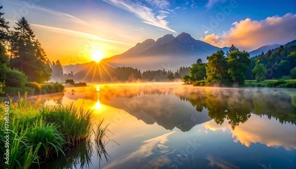 Fototapeta Serene sunrise over a tranquil lake, showcasing the vibrant colors of dawn reflected in the calm water.