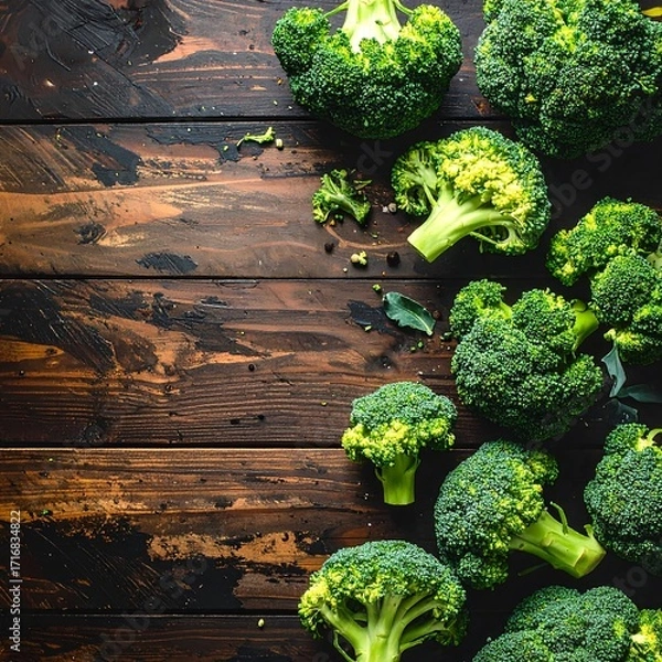 Fototapeta Fresh broccoli florets arranged artfully on a dark wooden surface, with scattered peppercorns and herbs.