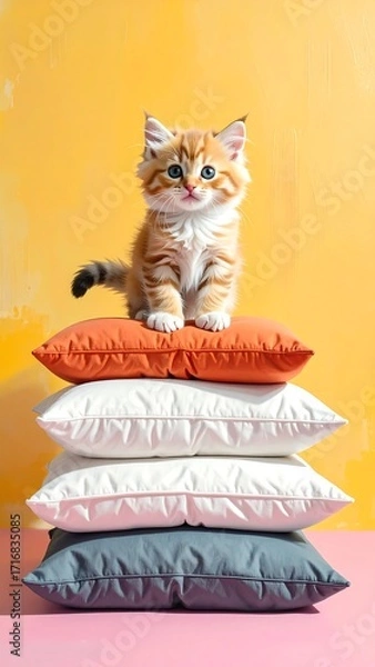 Fototapeta A delightful ginger kitten perched atop a stack of colorful cushions against a vibrant yellow backdrop.
