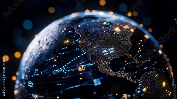 Fototapeta Stylized globe surrounded by glowing data streams and communication icons, palette of deep navy, neon turquoise, and white glow, digital globalization theme, AI generated