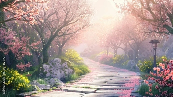 Fototapeta Spring blossoms create a magical pathway through the serene garden landscape