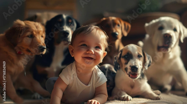Fototapeta Bright smiles and furry friends create joyful memories in a playful dog training session