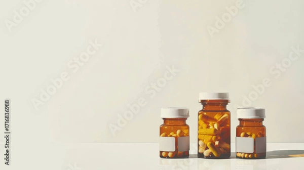 Fototapeta Colorful containers holding various health supplements on a bright surface