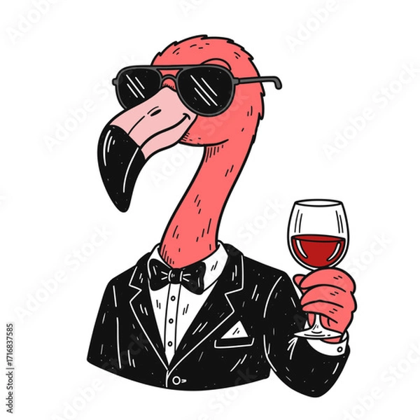 Fototapeta flamingo in a tuxedo and sunglasses holding a glass of red wine illustration