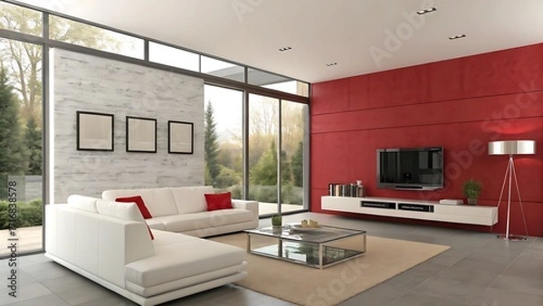 Fototapeta A modern living room with white sofas and a red accent wall feature