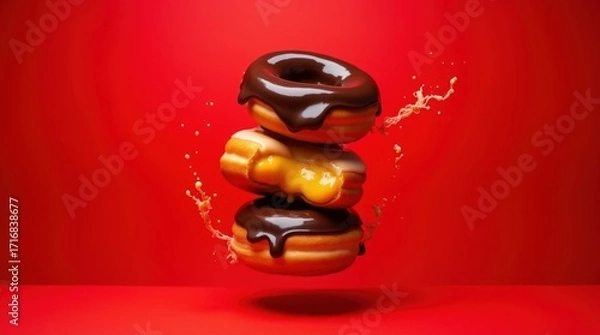 Fototapeta Three mid-air glazed donuts on bold red, dripping chocolate and oozing custard splashes, bright even light and sharp focus for crave-worthy commercial appeal