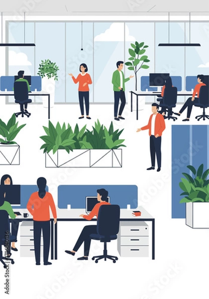 Fototapeta Modern Flat Vector Illustration of People Working in Office