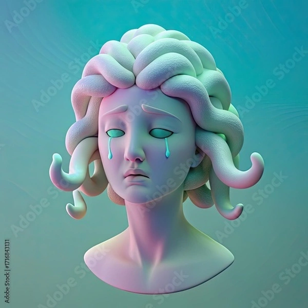 Fototapeta Medusa Gorgon Crying With Holographic Tears in a Surreal Underwater Setting