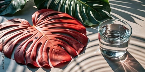 Fototapeta Monstera Leaves Beside a Glass of Water on a White Surface With Shadows and Reflections