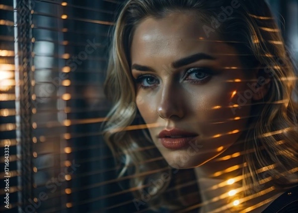 Fototapeta Abstract woman portrait with glass texture. Glitched and corrupted female face. Beautiful girl. Model hidden behind mirror pattern. Colored Reeded Glass. Ribbed Background.