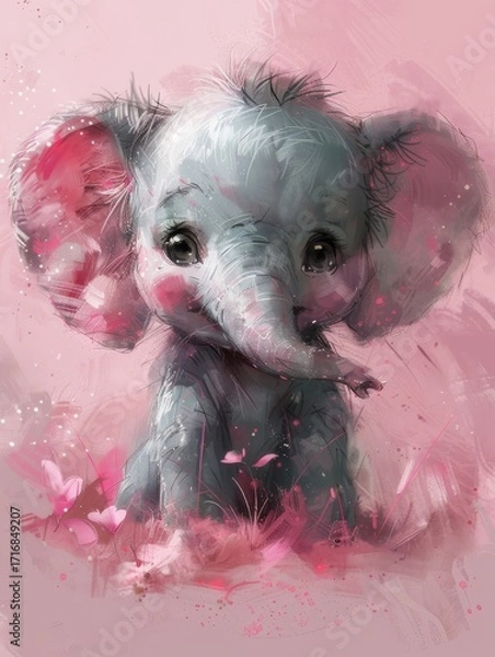 Fototapeta A charming little elephant, delicately illustrated with soft lines, surrounded by a warm pink hue.