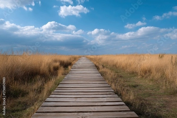 Fototapeta Wooden boardwalk path through field of dry grass under a blue sky with fluffy clouds