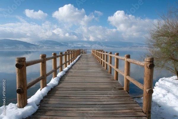 Fototapeta Wooden pier with railing stretches over a serene lake under a partly cloudy sky snow on sides