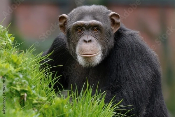 Fototapeta A Chimpanzee is peering from behind vibrant green foliage