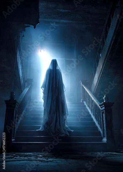 Fototapeta A ghostly figure draped in a flowing veil silently climbs the creaking staircase of a dimly lit, abandoned structure. Ethereal light filters through, creating an eerie atmosphere.