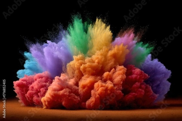 Fototapeta A colorful cloud of powder explodes against a dark background creating a vibrant and textured display