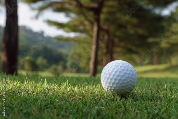Fototapeta A golf ball nestled in lush green grass on a course blurred trees in the background