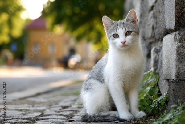 Fototapeta A gray and white kitten sits on a stone path near a stone wall looking at the viewer