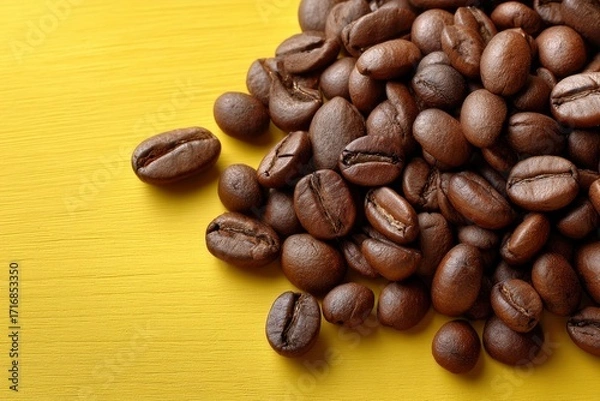 Fototapeta A pile of dark brown coffee beans scattered on a yellow textured surface