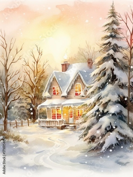 Fototapeta This watercolor captures a farmhouse with a Christmas tree by the window, warmly lit as snow falls gently outside, evoking holiday cheer.