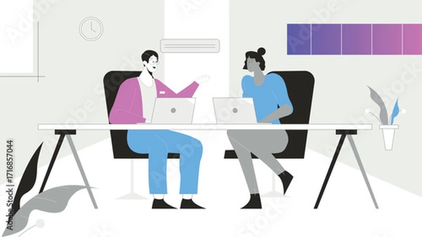 Fototapeta Two Colleagues Working Together at Office Desk with Laptops