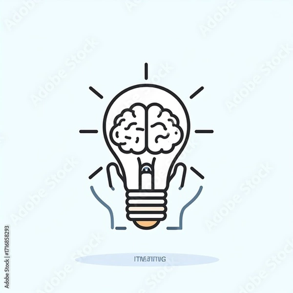 Obraz Lightbulb with brain inside, held by hands.  Simple graphic