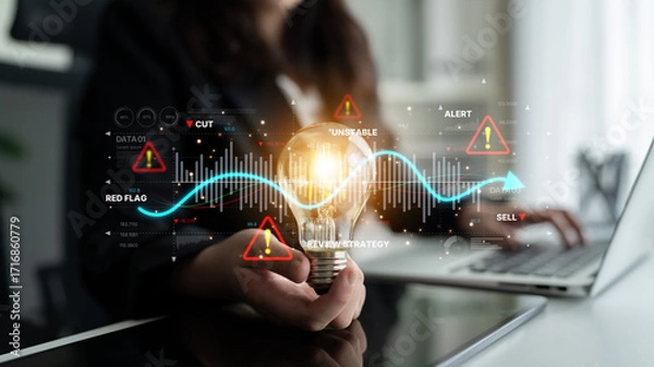 Fototapeta Economic caution visual showing risk alerts and financial volatility. Warning signs highlight economic downturn, market risk, finance crisis, and uncertainty in data-driven analysis. Spline