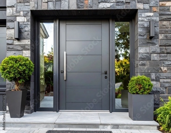 Fototapeta Modern gray entryway with stone facade