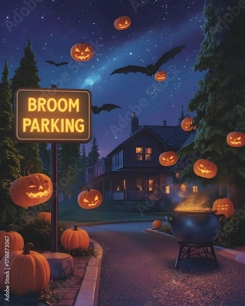 Fototapeta Whimsical broom parking lot with glowing sign, floating pumpkins, bubbling cauldron under starry night, magical realism style.  
