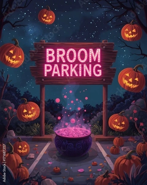Fototapeta Whimsical broom parking lot with floating pumpkins and cauldron

