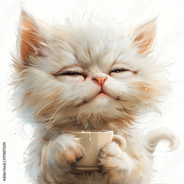 Fototapeta A cute kitten with soft, fluffy fur has its morning coffee, looking sleepy and playful, showing funny expressions as it sips.