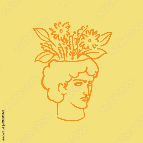 Fototapeta Hand drawn vector illustration of classical bust with flowers and leaves growing from head in minimalist line art style on yellow background