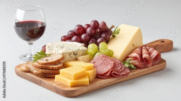 Fototapeta Assorted Cheese and Charcuterie Board with Red Wine and Fresh Grapes on Wooden Serving Platter, Perfect for Entertaining and Celebrations