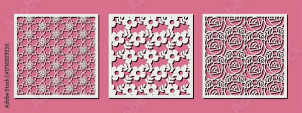 Fototapeta Decorative square panels with foral pattern. Cutout design with flowers for home interior decor, privacy screen, wall art, room divider, paper art. Template for laser, cnc, plasma and plotter cutting
