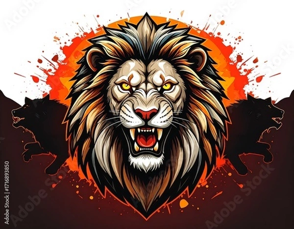 Obraz Lion head portrait with wolves